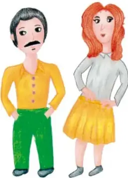 Ilustración de un hombre y una mujer de pie; el hombre con camisa amarilla y pantalón verde, la mujer con blusa blanca y falda amarilla.