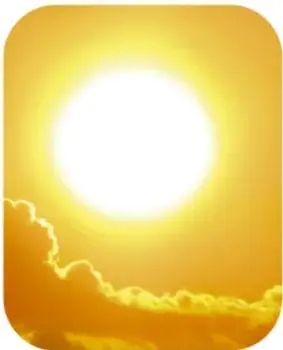 Ilustración de un sol brillante entre nubes, con tonos amarillos y anaranjados.