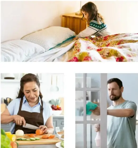 Una niña haciendo su cama, ilustrando responsabilidades en el hogar.
