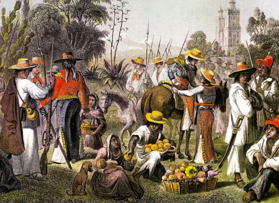 Litografía coloreada de 1859 (G. M. Kurz sobre dibujo de M. Rugendas) titulada 'Soldados y campesinos': muestra a soldados con sombreros y fusiles conversando y comerciando con campesinas que venden frutas en canastas, entre árboles y un edificio al fondo, con caballos y mulas.