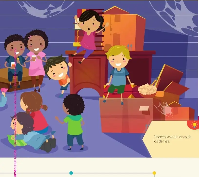 Ilustración de varios niños y niñas leyendo, escribiendo y jugando alrededor de libros y cajas.