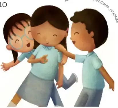 Ilustración de tres niños (dos niñas y un niño) abrazándose sonriendo, crédito de ilustración a Karina Eréndira Pérez Olivos, México.