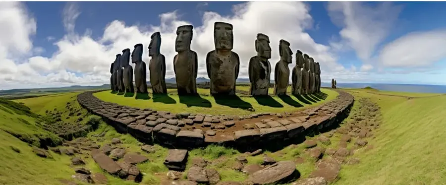 Fotografía de una fila de moais de la Isla de Pascua vistos de perfil, con sus cabezas alargadas y las piedras rojas (pukao) sobre algunas cabezas, sobre una plataforma de piedra.