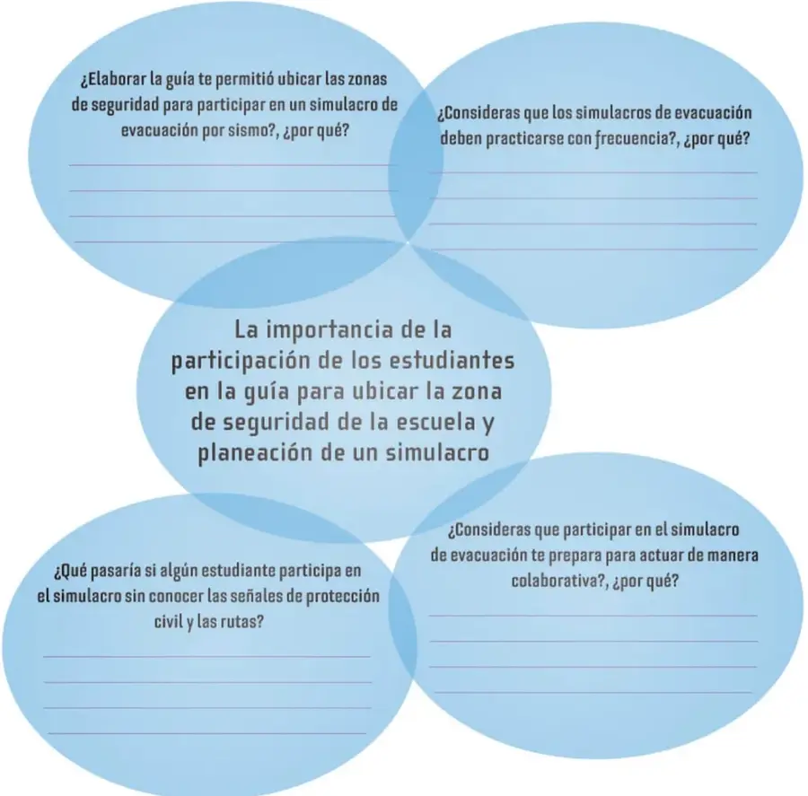 Organizador gráfico con cuatro óvalos azules que contienen preguntas de reflexión y líneas para escribir, unidos por un óvalo central con el título del tema.