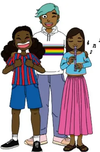 Ilustración de tres jóvenes sonriendo, uno de ellos tocando un flauta, junto a una persona mayor; crédito: Alejandra Lara Vázquez, Ciudad de México.