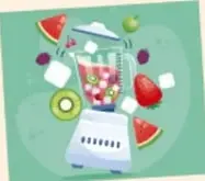 Ilustración de una licuadora con frutas y verduras alrededor.