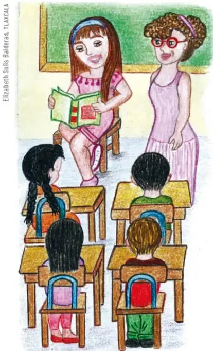 Ilustración de una maestra leyendo un libro frente a un grupo de estudiantes sentados en sus pupitres, en un aula escolar.