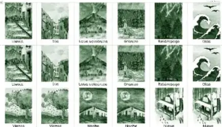 Plancha 'Maravillas de la naturaleza' con 18 tarjetas recortables (tres filas de seis), formando nueve pares rotulados: lluvia, sol, lava volcánica, granizo, relámpago, olas, viento, noche y nieve; cada tarjeta lleva una ilustración del fenómeno y su nombre.