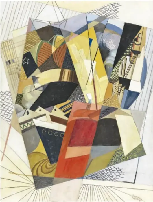 Obra Botella y frutero (1919) de Juan Gris: composición cubista con planos geométricos en tonos verdes, ocres y grises; se distingue una botella con tapón circular, un frutero, una servilleta blanca y las letras 'LE JOUR'.