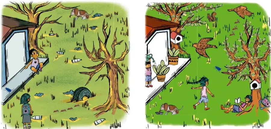 Ilustración de una escuela con patio descuidado: árboles sin hojas, basura en el suelo, un perro, hormigas y dos niños.