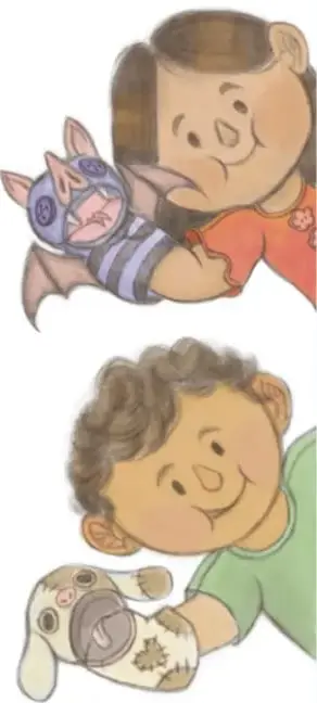 Ilustración de una niña sonriente que levanta un títere de murciélago morado y un niño que sostiene un títere de guante con forma de perrito. Crédito: Jodselin Hernández Falcón, Estado de México.