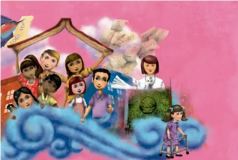 Ilustración de un grupo diverso de personas (niños, niñas, adultos, una persona en silla de ruedas) frente a una urna y papeletas de voto con la palabra 'Voto'. Representa la participación ciudadana y la inclusión.