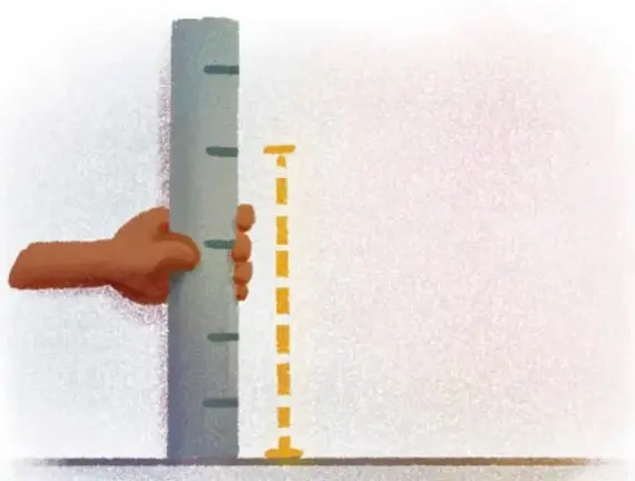 Ilustración de una mano sosteniendo una regla vertical contra una pared, con una marca de 20 cm señalada con línea punteada amarilla.