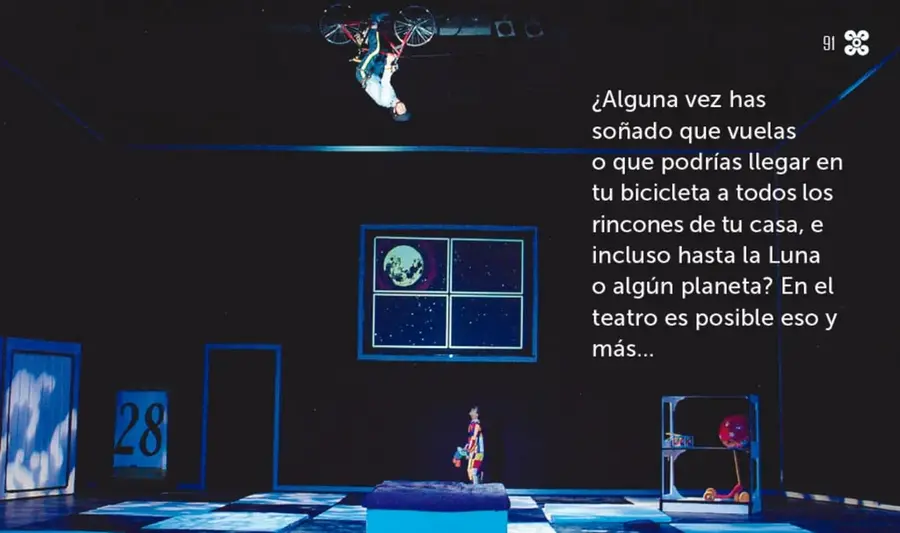 Escenario teatral nocturno en tonos azules: un actor vuela con una bicicleta invertida colgada arriba; hay una ventana con la Luna llena, una puerta con el número 28, un pequeño actor sobre una tarima y un mueble con juguetes.