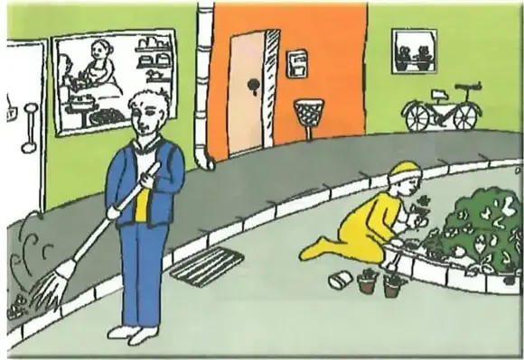 Ilustración de personas realizando tareas y responsabilidades en un espacio del hogar o la comunidad, como barrer y cuidar plantas.