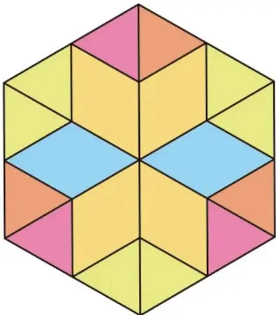 Hexágono con triángulos en tonos pastel (rosa, amarillo, azul, naranja) que ilustra otra vista de un flexágono.
