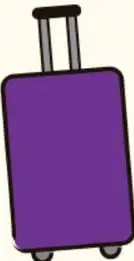 Ilustración de una maleta morada con ruedas y asa extendida.
