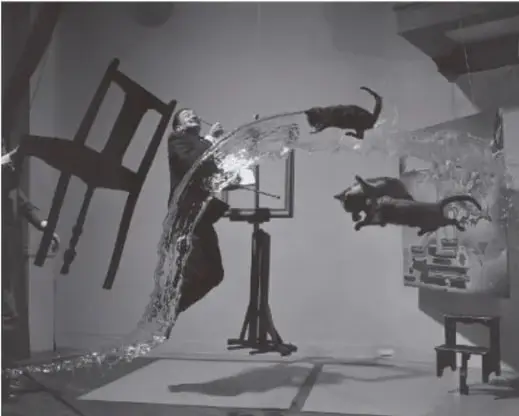 Fotografía de la obra fotográfica surrealista 'Una tarde dominical en la isla de la Grande Jatte' de Gherasim Luca / o escena con silla voladora y gato, ilustración del automatismo surrealista.