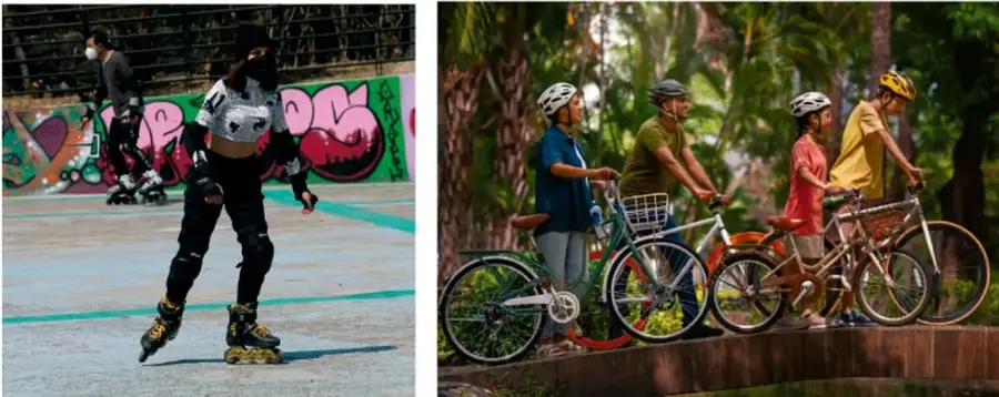 Fotografia de una persona patinando con inline skates en una cancha urbana con grafitis de fondo.