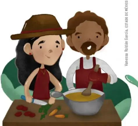 Ilustración de un hombre y una mujer cocinando juntos: ella corta verduras y él revuelve una olla. Alrededor hay vegetales y un cucharón.