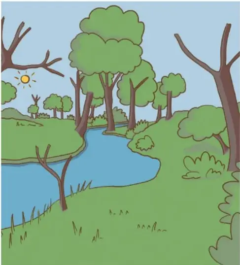 Ilustración de un paisaje de bosque con un río azul, arbustos y árboles secos a un lado. Crédito: Mara Natalia Edisa Juárez Ramírez, Ciudad de México.