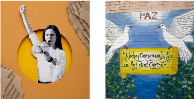 Obra de arte con una figura humana levantando el puño, recortada en un círculo amarillo sobre fondo naranja.
