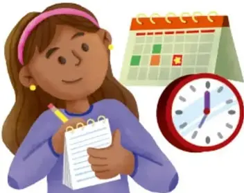 Ilustración de una estudiante con cuaderno, junto a un calendario y un reloj, representando la planificación del tiempo para los proyectos académicos (crédito: Luis Ángel Ortiz Sánchez, Ciudad de México).