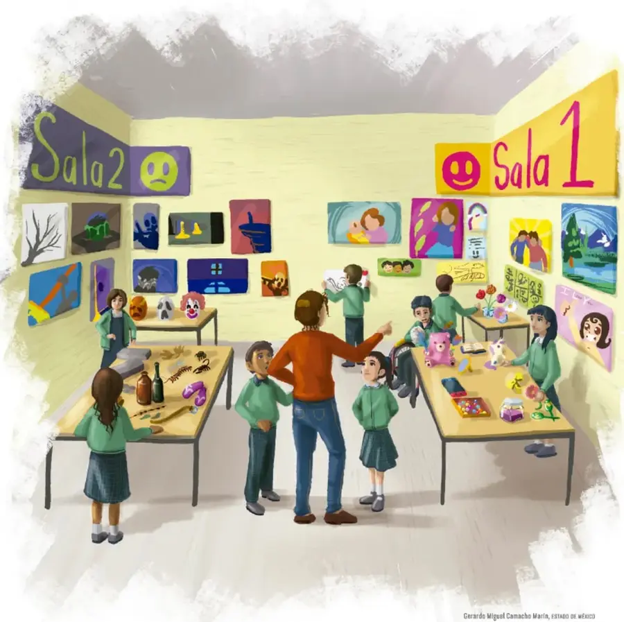 Ilustración de un aula transformada en galería de arte con dos salas rotuladas, mesas con objetos y paredes con dibujos infantiles; un docente guía al grupo.