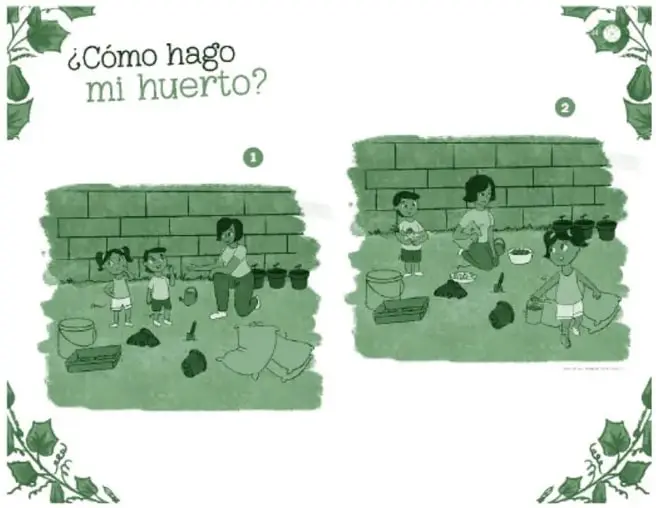 Ilustración en verde titulada '¿Cómo hago mi huerto?': dos escenas numeradas; en la 1 personas preparan la tierra con cubeta, semillas y bolsas junto a un muro de piedras; en la 2 siembran y cuidan plantitas en macetas y la tierra, con niños y adultos; hojas de enredadera decoran las esquinas.