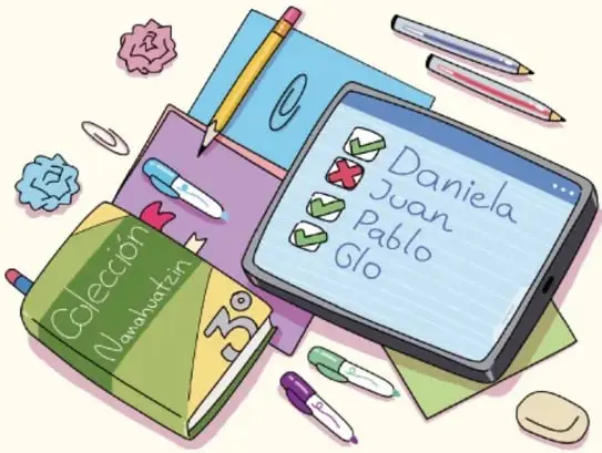 Ilustración de útiles escolares: cuaderno verde con la portada 'Colección Nanahuatzin', tableta con una lista de nombres (Daniela, Juan, Pablo, Gio) y marcas de verificación, lápices, plumas y notas adhesivas.