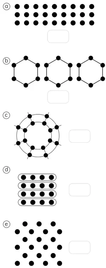 Tres hexágonos unidos con puntos en sus vértices.