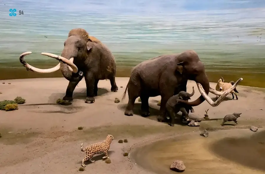 Diorama o maqueta de mamuts colombinos junto a un lago: dos adultos con grandes colmillos, una cría, un felino manchado tipo jaguar y otros animales pequeños en la orilla.