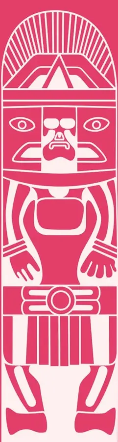 Ilustración estilizada de una figura prehispánica o mesoamericana tallada, en color rosa mexicano sobre fondo blanco, con tocado radiado, rostro con ojos grandes, brazos extendidos y falda con franjas verticales. Funciona como elemento gráfico decorativo de la colección.