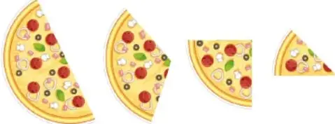 Cuatro porciones de pizza de tamaños distintos, correspondientes a las fracciones de la actividad.