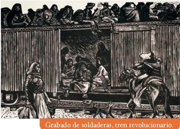 Grabado de soldaderas en un tren revolucionario.