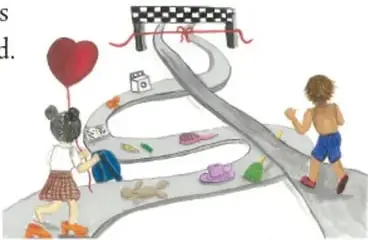 Ilustración de una niña y un niño en un camino con obstáculos y metas, que representa las dificultades y oportunidades distintas según el género. Crédito: Idaly Frescas Flores, CHIHUAHUA.