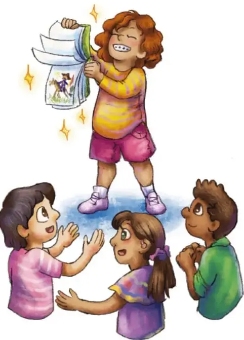 Ilustración de una niña mostrando un folioscopio con destellos, rodeada de tres compañeros que la observan con interés.