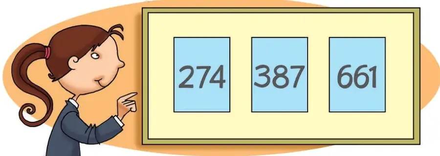 Ilustración de una niña señalando tres tarjetas con los números 274, 387 y 661.