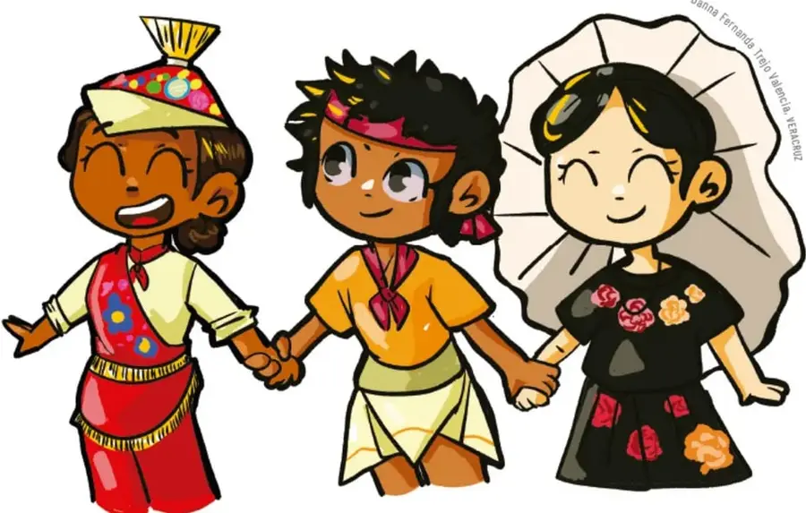 Ilustración de tres niñas tomadas de la mano. La niña de la izquierda viste ropa tradicional con un tocado amarillo y rojo; la del centro tiene cabello rizado y una banda roja en la cabeza; la de la derecha lleva un tocado blanco grande y un vestido negro con flores. Representan la diversidad y la amistad.