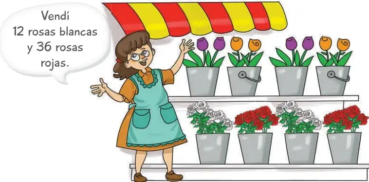 Florería con toldo rojo y amarillo; una vendedora con delantal verde y lentes muestra cuatro macetas con flores moradas y naranjas en el estante superior, y cuatro macetas con rosas blancas y rojas en el estante inferior. Globo de diálogo: «Vendí 12 rosas blancas y 36 rosas rojas».