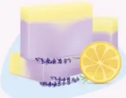 Ilustración de pastillas de jabón artesanal de colores con lavanda y una rodaja de limón.