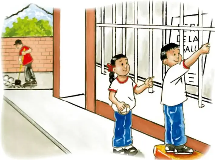 Ilustración de dos niños colocando un cartel en un espacio público mientras una persona barre y limpia el lugar a la izquierda. Crédito: Alma Guadalupe Vázquez Rosales, San Luis Potosí.