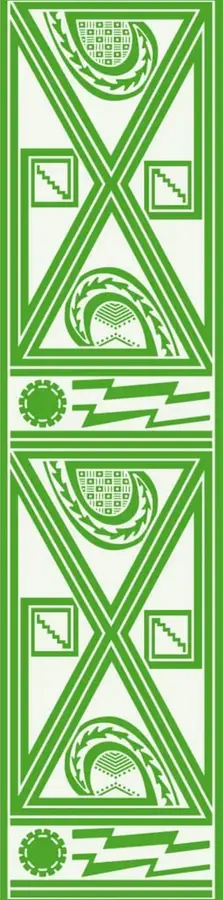 Ilustración ornamental de color verde sobre fondo claro, con motivos geométricos triangulares, escalinatas, rosetas y rayos, dispuestos en un panel vertical enmarcado.