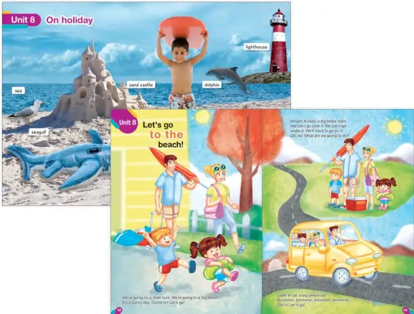 Escena de playa con un niño sosteniendo una pelota roja, un castillo de arena, una gaviota, un delfín, un faro y un velero. Etiquetas: sand castle, seagull, dolphin, lighthouse, sailboat, sea.