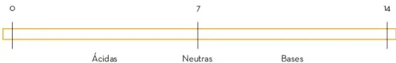 Diagrama titulado 'Escala de pH en las sustancias': barra horizontal amarilla con marcas verticales en los valores 0, 7 y 14. Debajo de la barra aparecen las etiquetas: 'Ácidas' (zona izquierda, entre 0 y 7), 'Neutras' (en el centro, en 7) y 'Bases' (zona derecha, entre 7 y 14).
