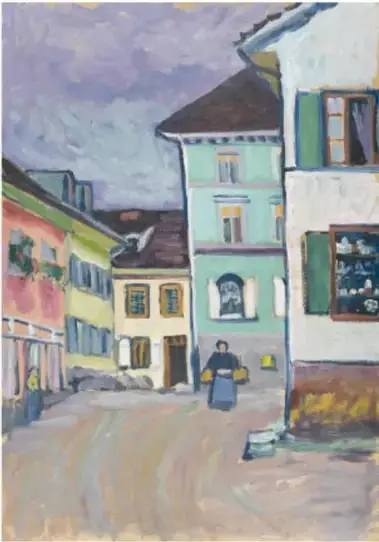 Pintura 'Murnau. Final de Johannisstrasse' (1908) de Kandinsky: calle con casas de colores verde, rosa y azul, y una figura caminando.