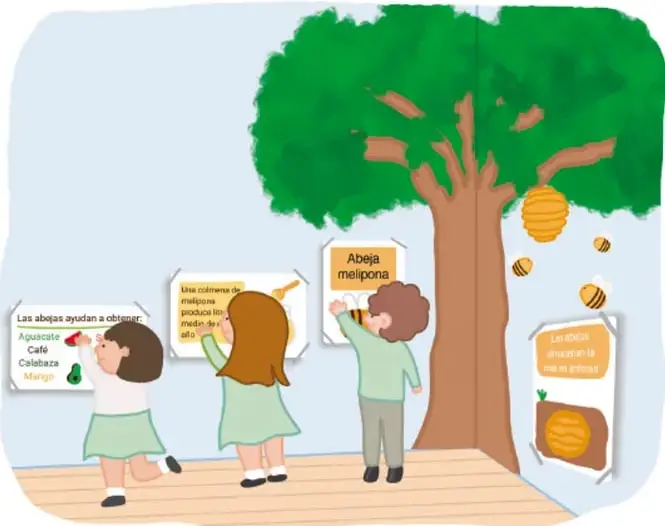 Niños y niñas colocando carteles en el Rincón ecológico junto a un árbol y abejas meliponas.