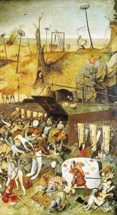 Reproducción de El triunfo de la muerte de Pieter Brueghel el Viejo: paisaje yermo con ejércitos de esqueletos, carro de huesos, mesa de banquete, instrumentos musicales, horca y personajes de distintas clases sociales.