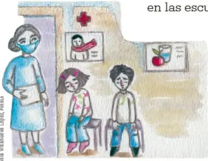 Ilustración de una enfermera y dos niños en un consultorio.