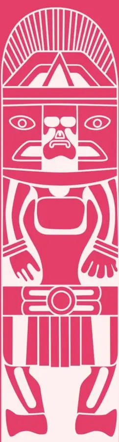 Ilustración estilizada en color rosa y blanco que representa una figura prehispánica o tótem, con rostro, brazos y piernas geométricas, sobre fondo rosa.